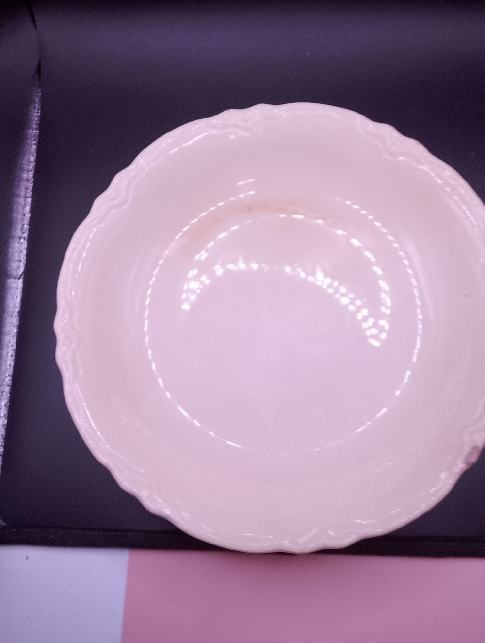 Beautiful White Scalloped Crazed And Discolored Serving Bowl